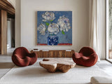 Vase of Peonies by Kellie Day. Shown as extra-large giant wall art in a modern living room. Available as an archival giclee rolled canvas, fine art paper, or poster print. SKU 23383a.