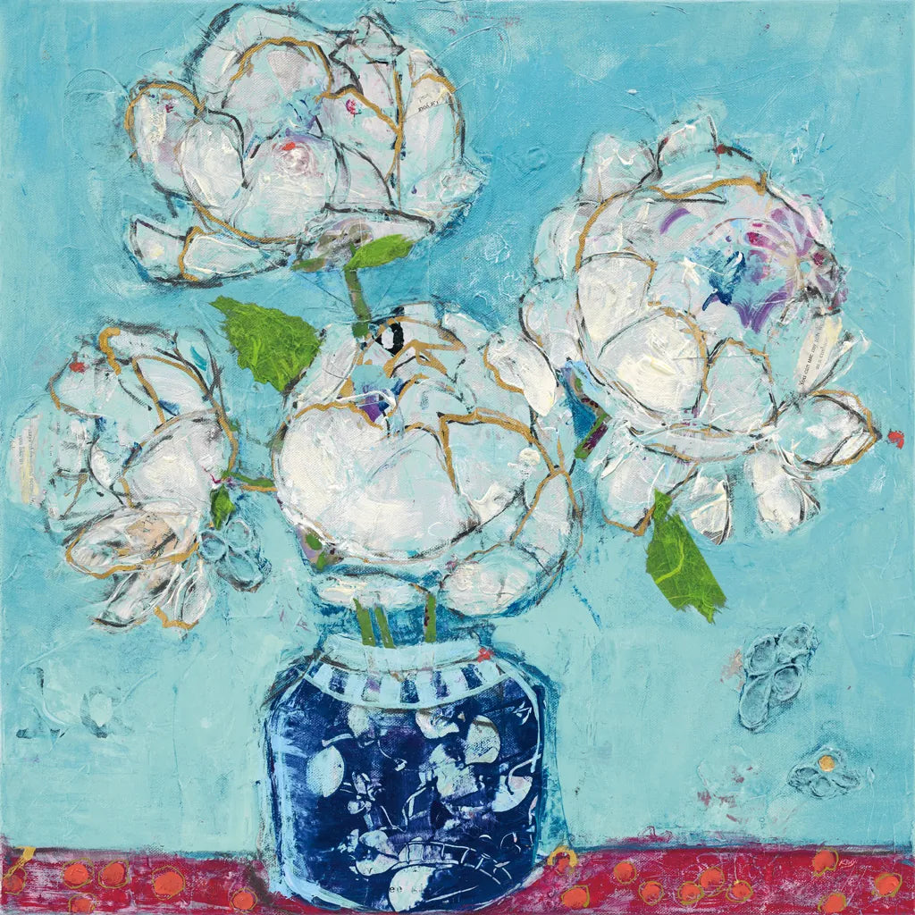 Vase of Peonies Aqua by Kellie Day. SKU 36075a. Archival Giclee Fine art print for wall decor.