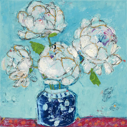 Vase of Peonies Aqua by Kellie Day. SKU 36075a. Archival Giclee Fine art print for wall decor.