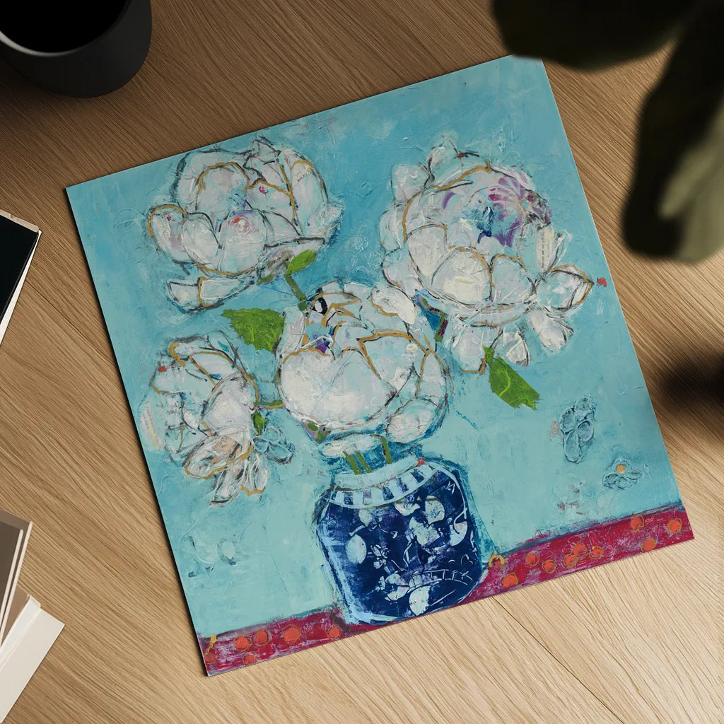 Vase of Peonies Aqua by Kellie Day. Shown as a detailed flat fine art print, highlighting archival giclee quality. Available as an archival giclee rolled canvas, fine art paper, or poster print. SKU 36075a.