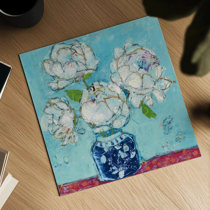 Vase of Peonies Aqua by Kellie Day. Shown as a detailed flat fine art print, highlighting archival giclee quality. Available as an archival giclee rolled canvas, fine art paper, or poster print. SKU 36075a.
