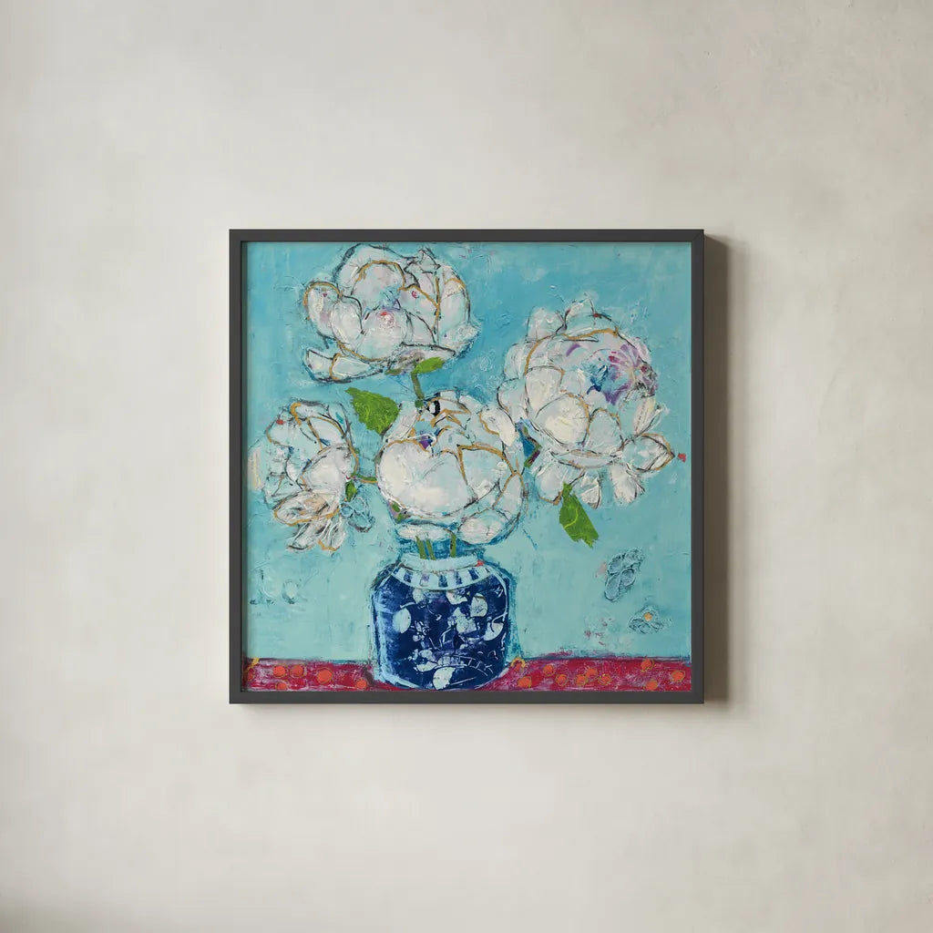 Vase of Peonies Aqua by Kellie Day. Shown in a sleek black glass frame for a contemporary gallery look. Available as an archival giclee rolled canvas, fine art paper, or poster print. SKU 36075a.