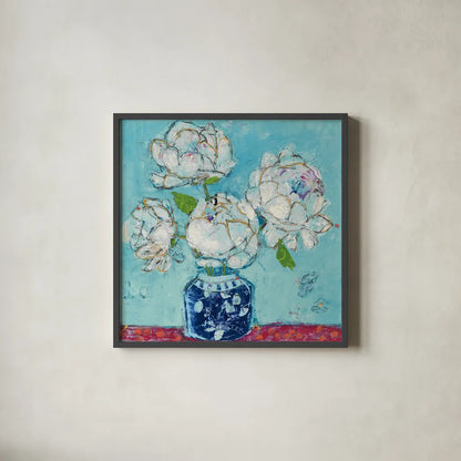Vase of Peonies Aqua by Kellie Day. Shown in a sleek black glass frame for a contemporary gallery look. Available as an archival giclee rolled canvas, fine art paper, or poster print. SKU 36075a.