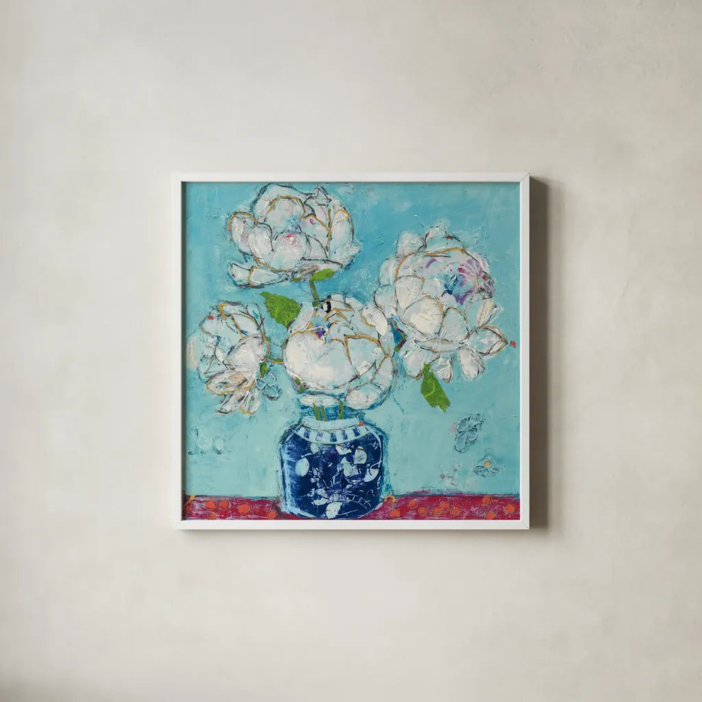 Vase of Peonies Aqua by Kellie Day. Shown in a crisp white glass frame for a clean and minimalist style. Available as an archival giclee rolled canvas, fine art paper, or poster print. SKU 36075a.