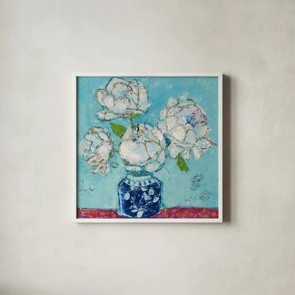 Vase of Peonies Aqua by Kellie Day. Shown in a crisp white glass frame for a clean and minimalist style. Available as an archival giclee rolled canvas, fine art paper, or poster print. SKU 36075a.