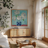 Vase of Peonies Aqua by Kellie Day. Shown in a natural wood frame in a cozy modern living room. Available as an archival giclee rolled canvas, fine art paper, or poster print. SKU 36075a.