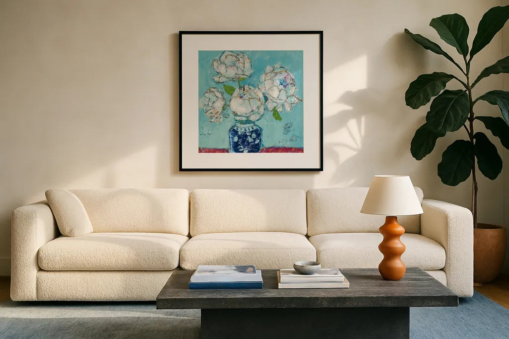 Vase of Peonies Aqua by Kellie Day. Displayed in a glass frame with matte in a clean modern living room. Available as an archival giclee rolled canvas, fine art paper, or poster print. SKU 36075a.