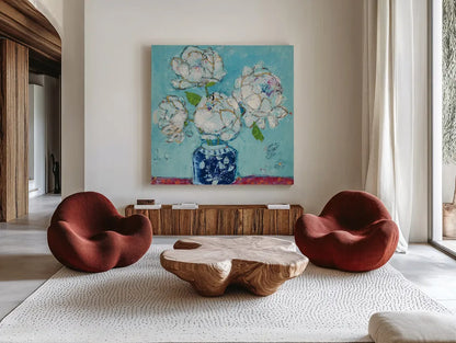 Vase of Peonies Aqua by Kellie Day. Shown as extra-large giant wall art in a modern living room. Available as an archival giclee rolled canvas, fine art paper, or poster print. SKU 36075a.