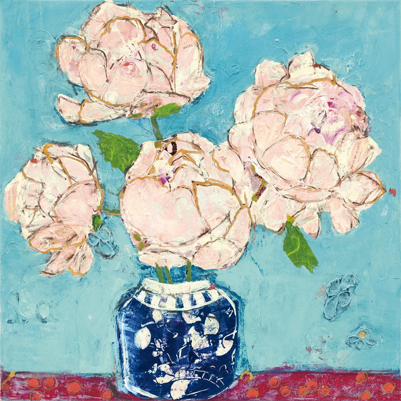 Vase of Peonies Aqua Coral by Kellie Day. SKU 51757a. Archival Giclee Fine art print for wall decor.