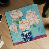 Vase of Peonies Aqua Coral by Kellie Day. Shown as a detailed flat fine art print, highlighting archival giclee quality. Available as an archival giclee rolled canvas, fine art paper, or poster print. SKU 51757a.