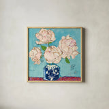 Vase of Peonies Aqua Coral by Kellie Day. Shown in a natural wood glass frame for a timeless modern aesthetic. Available as an archival giclee rolled canvas, fine art paper, or poster print. SKU 51757a.