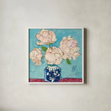 Vase of Peonies Aqua Coral by Kellie Day. Shown in a crisp white glass frame for a clean and minimalist style. Available as an archival giclee rolled canvas, fine art paper, or poster print. SKU 51757a.