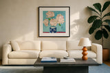 Vase of Peonies Aqua Coral by Kellie Day. Displayed in a glass frame with matte in a clean modern living room. Available as an archival giclee rolled canvas, fine art paper, or poster print. SKU 51757a.