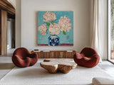 Vase of Peonies Aqua Coral by Kellie Day. Shown as extra-large giant wall art in a modern living room. Available as an archival giclee rolled canvas, fine art paper, or poster print. SKU 51757a.