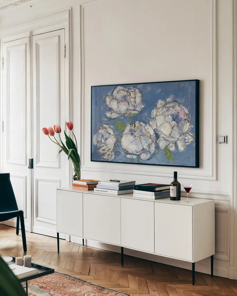 Vase of Peonies Crop by Kellie Day. shown as a framed stretched canvas in a living room above a console. Available as a archival giclee rolled canvas, fine art paper, or poster print. SKU 23383i.