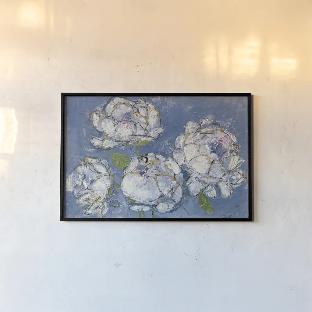 Vase of Peonies Crop by Kellie Day. shown as a paper print in a black flame. Available as a archival giclee rolled canvas, fine art paper, or poster print. SKU 23383i.