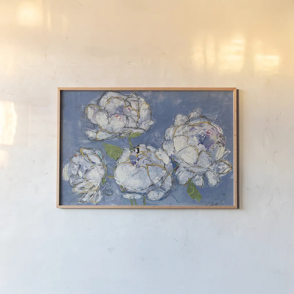Vase of Peonies Crop by Kellie Day. shown as a paper print in a natural frame. Available as a archival giclee rolled canvas, fine art paper, or poster print. SKU 23383i.