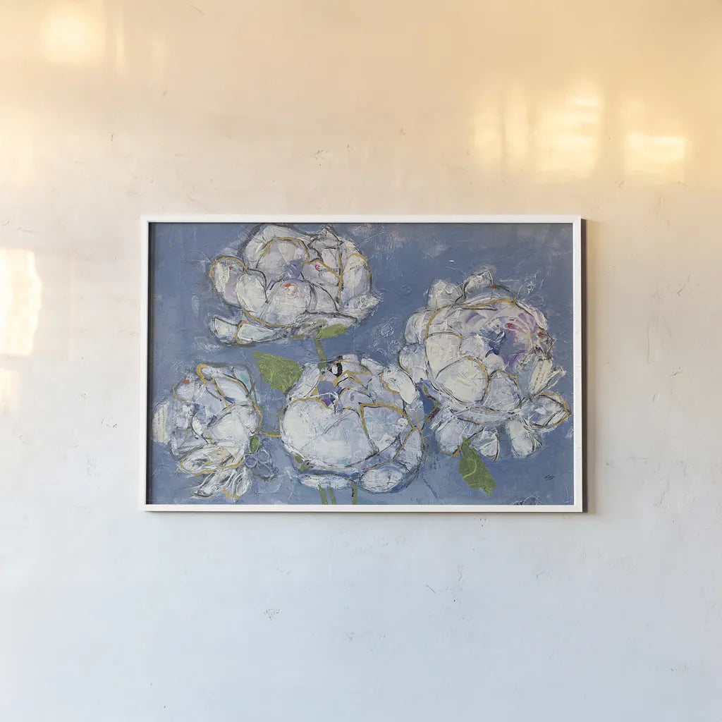 Vase of Peonies Crop by Kellie Day. shown as a paper print in a white frame. Available as a archival giclee rolled canvas, fine art paper, or poster print. SKU 23383i.