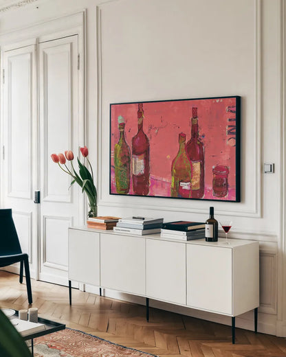 Vino Coral by Kellie Day. shown as a framed stretched canvas in a living room above a console. Available as a archival giclee rolled canvas, fine art paper, or poster print. SKU 36071i.