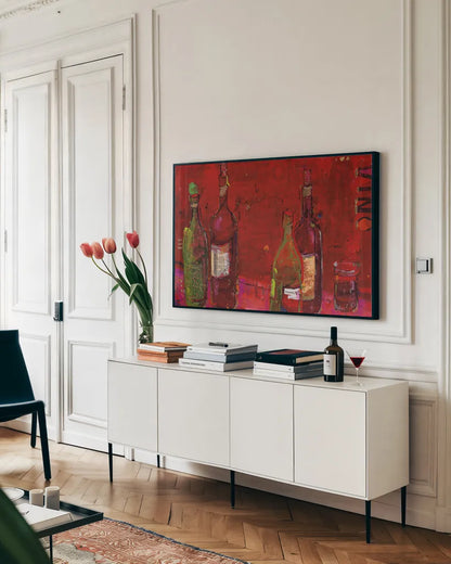 Vino Rojo by Kellie Day. shown as a framed stretched canvas in a living room above a console. Available as a archival giclee rolled canvas, fine art paper, or poster print. SKU 22078i.