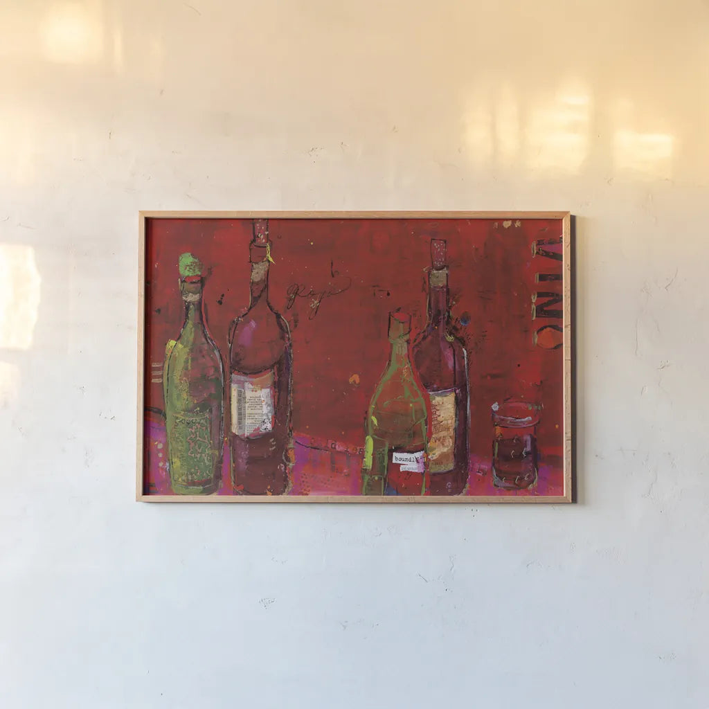 Vino Rojo by Kellie Day. shown as a paper print in a natural frame. Available as a archival giclee rolled canvas, fine art paper, or poster print. SKU 22078i.