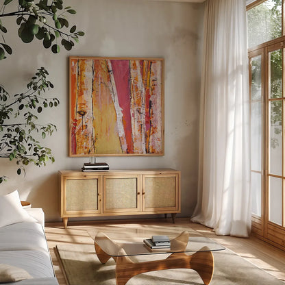 Where the Sun Sleeps I by Kellie Day. Shown in a natural wood frame in a cozy modern living room. Available as an archival giclee rolled canvas, fine art paper, or poster print. SKU 22067a.