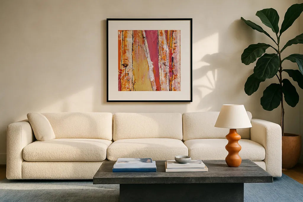 Where the Sun Sleeps I by Kellie Day. Displayed in a glass frame with matte in a clean modern living room. Available as an archival giclee rolled canvas, fine art paper, or poster print. SKU 22067a.