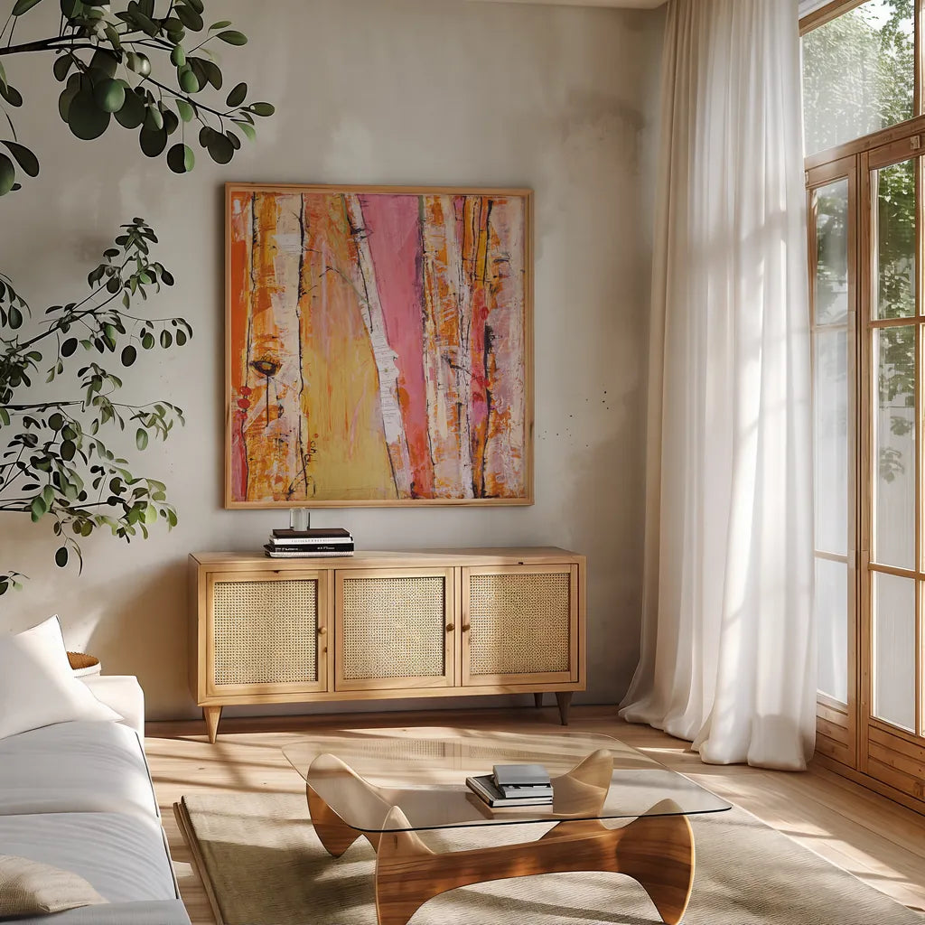 Where the Sun Sleeps I Light by Kellie Day. Shown in a natural wood frame in a cozy modern living room. Available as an archival giclee rolled canvas, fine art paper, or poster print. SKU 36060a.