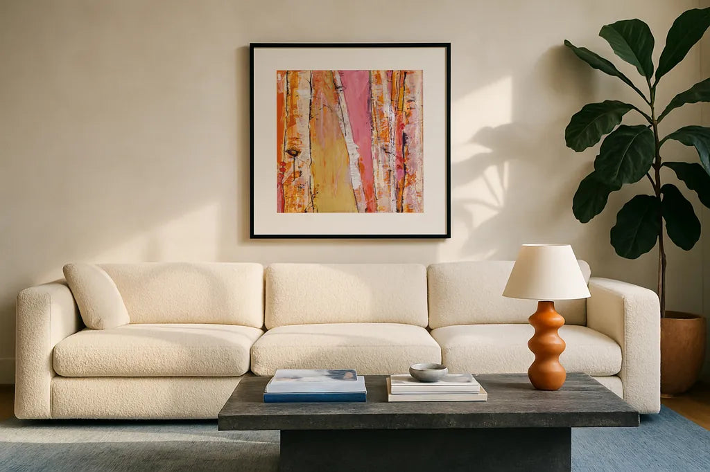 Where the Sun Sleeps I Light by Kellie Day. Displayed in a glass frame with matte in a clean modern living room. Available as an archival giclee rolled canvas, fine art paper, or poster print. SKU 36060a.