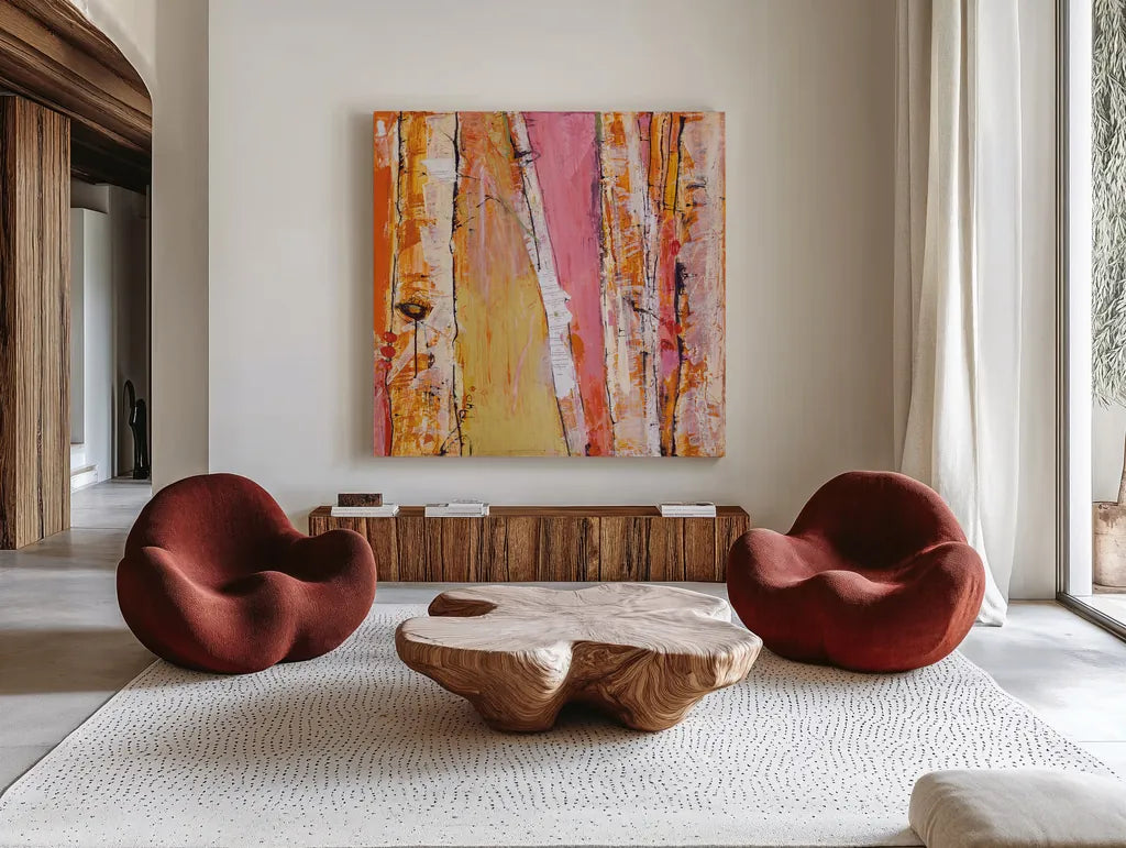 Where the Sun Sleeps I Light by Kellie Day. Shown as extra-large giant wall art in a modern living room. Available as an archival giclee rolled canvas, fine art paper, or poster print. SKU 36060a.