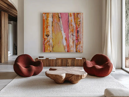 Where the Sun Sleeps I Light by Kellie Day. Shown as extra-large giant wall art in a modern living room. Available as an archival giclee rolled canvas, fine art paper, or poster print. SKU 36060a.
