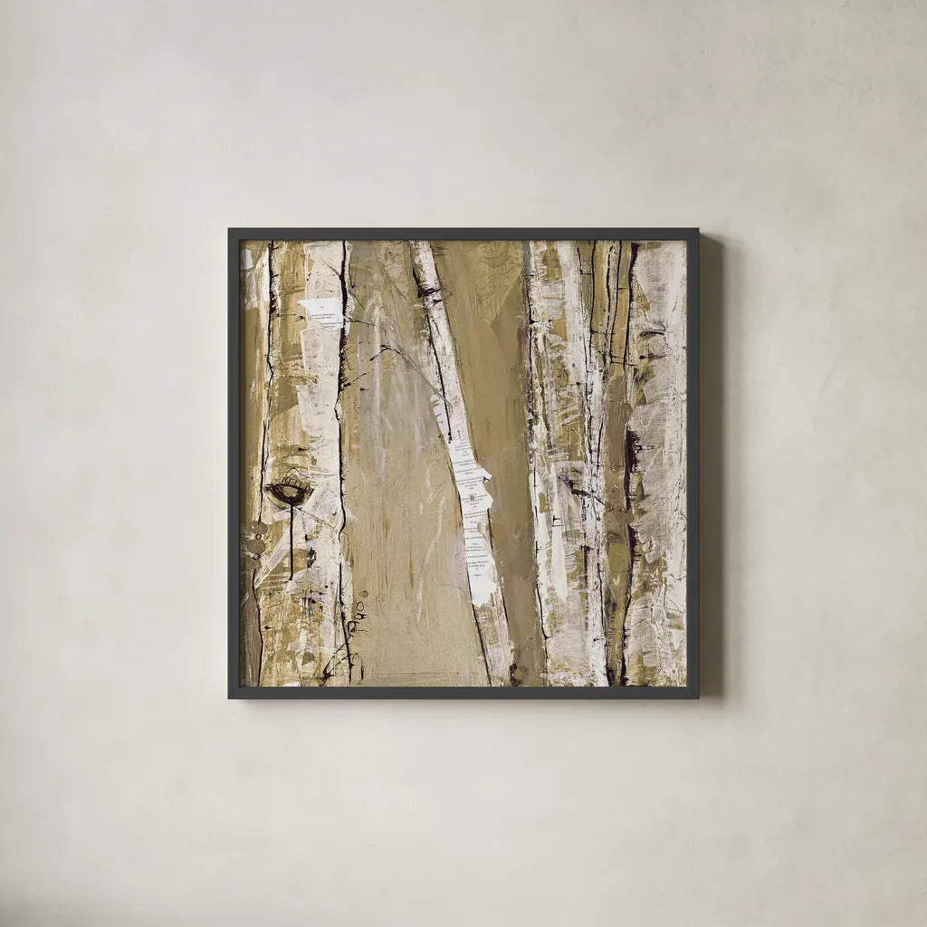 Where the Sun Sleeps I Neutral by Kellie Day. Shown in a sleek black glass frame for a contemporary gallery look. Available as an archival giclee rolled canvas, fine art paper, or poster print. SKU 15104a.
