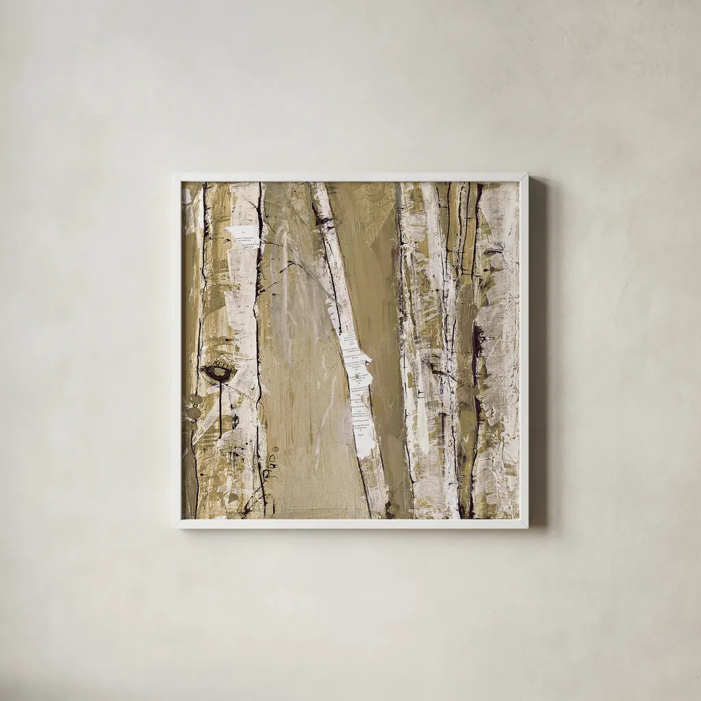 Where the Sun Sleeps I Neutral by Kellie Day. Shown in a crisp white glass frame for a clean and minimalist style. Available as an archival giclee rolled canvas, fine art paper, or poster print. SKU 15104a.