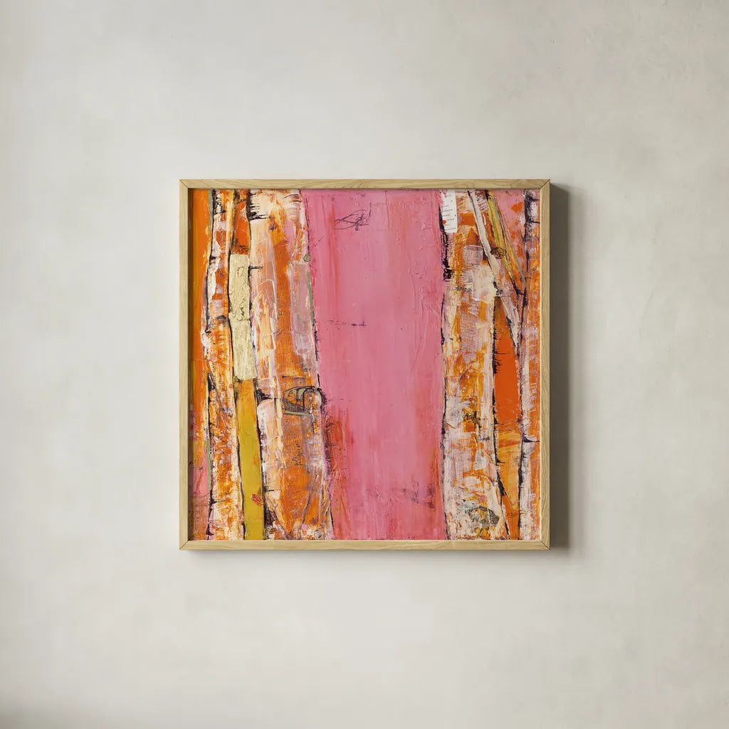 Where the Sun Sleeps II Light by Kellie Day. Shown in a natural wood glass frame for a timeless modern aesthetic. Available as an archival giclee rolled canvas, fine art paper, or poster print. SKU 36061a.