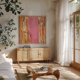 Where the Sun Sleeps II Light by Kellie Day. Shown in a natural wood frame in a cozy modern living room. Available as an archival giclee rolled canvas, fine art paper, or poster print. SKU 36061a.