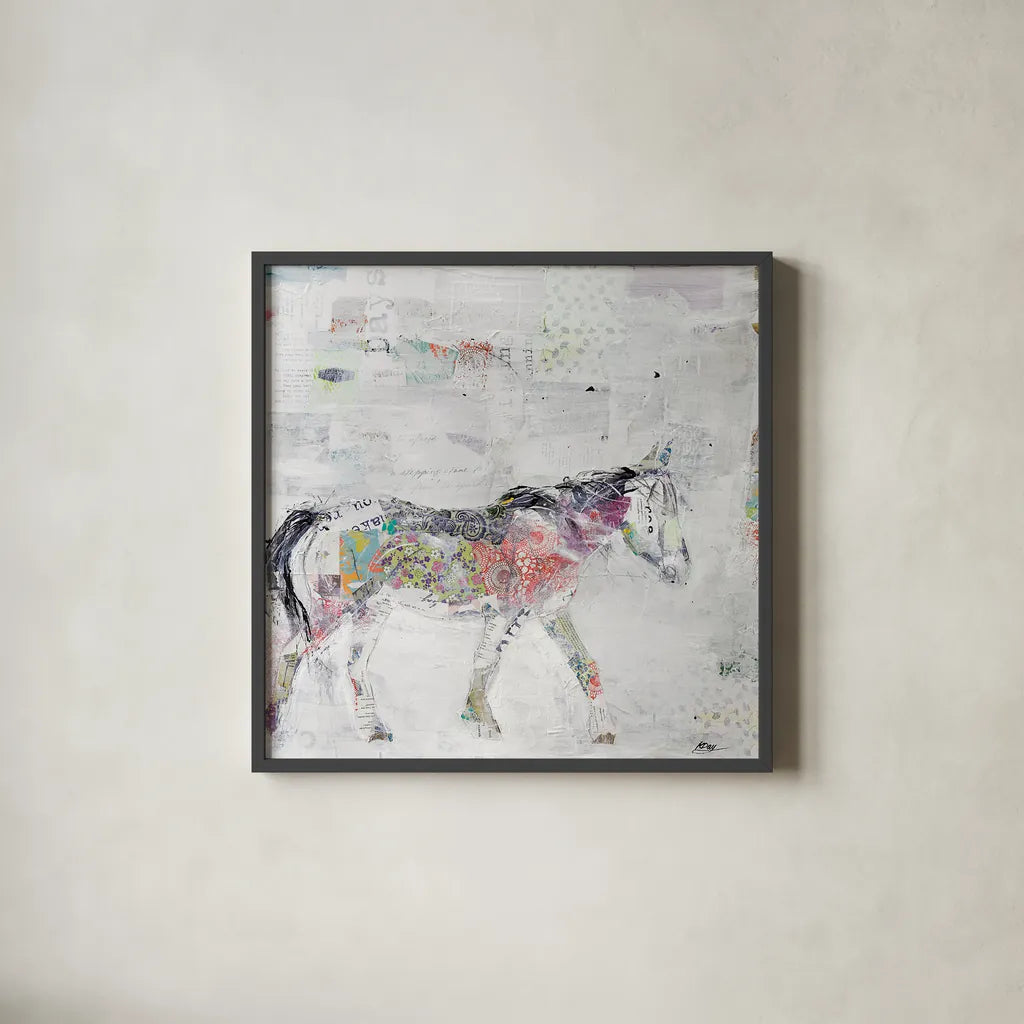 Wild Pinto by Kellie Day. Shown in a sleek black glass frame for a contemporary gallery look. Available as an archival giclee rolled canvas, fine art paper, or poster print. SKU 29089a.