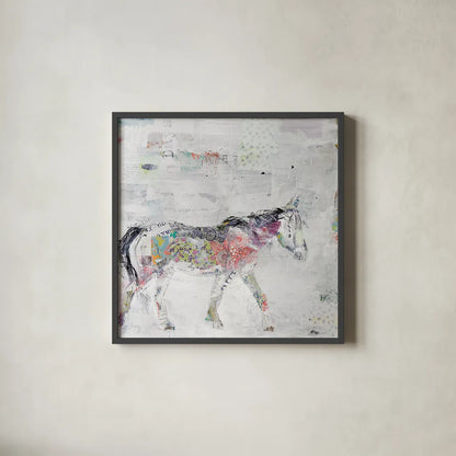 Wild Pinto by Kellie Day. Shown in a sleek black glass frame for a contemporary gallery look. Available as an archival giclee rolled canvas, fine art paper, or poster print. SKU 29089a.