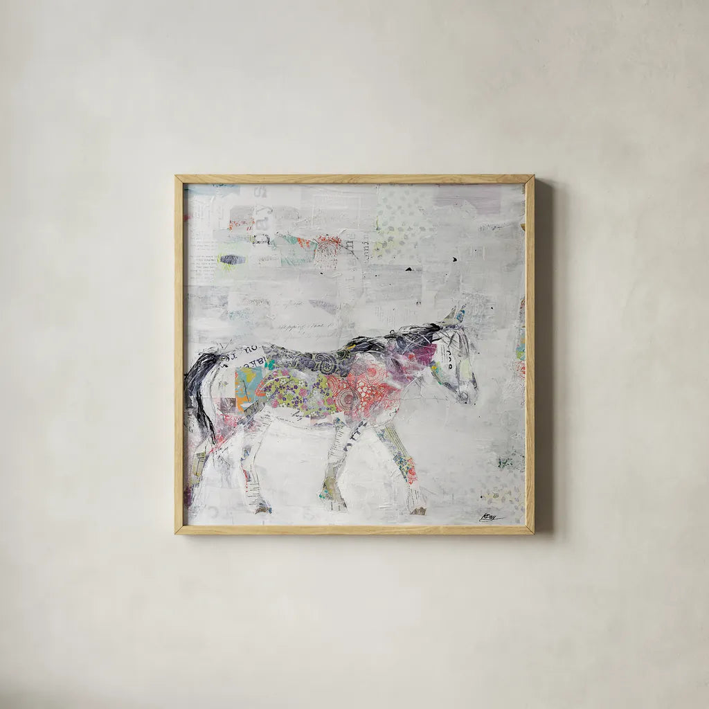 Wild Pinto by Kellie Day. Shown in a natural wood glass frame for a timeless modern aesthetic. Available as an archival giclee rolled canvas, fine art paper, or poster print. SKU 29089a.