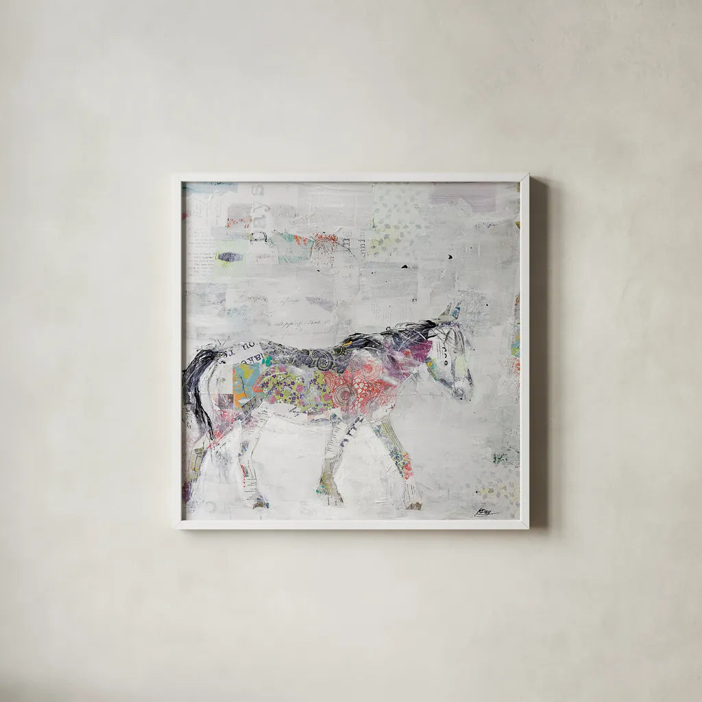 Wild Pinto by Kellie Day. Shown in a crisp white glass frame for a clean and minimalist style. Available as an archival giclee rolled canvas, fine art paper, or poster print. SKU 29089a.