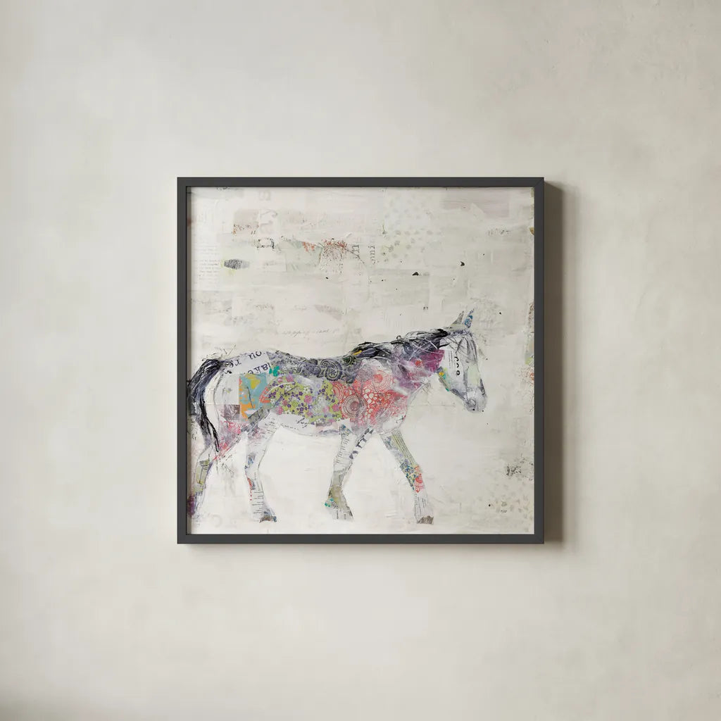 Wild Pinto Warm Grey by Kellie Day. Shown in a sleek black glass frame for a contemporary gallery look. Available as an archival giclee rolled canvas, fine art paper, or poster print. SKU 36049a.