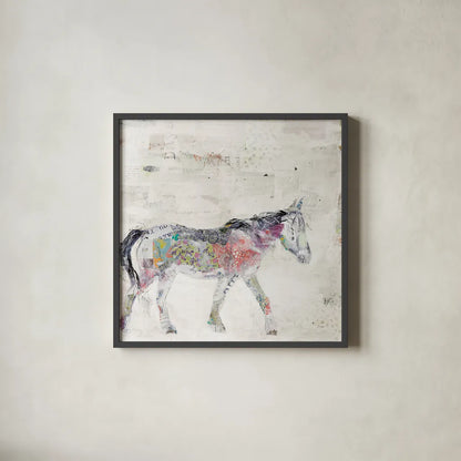 Wild Pinto Warm Grey by Kellie Day. Shown in a sleek black glass frame for a contemporary gallery look. Available as an archival giclee rolled canvas, fine art paper, or poster print. SKU 36049a.