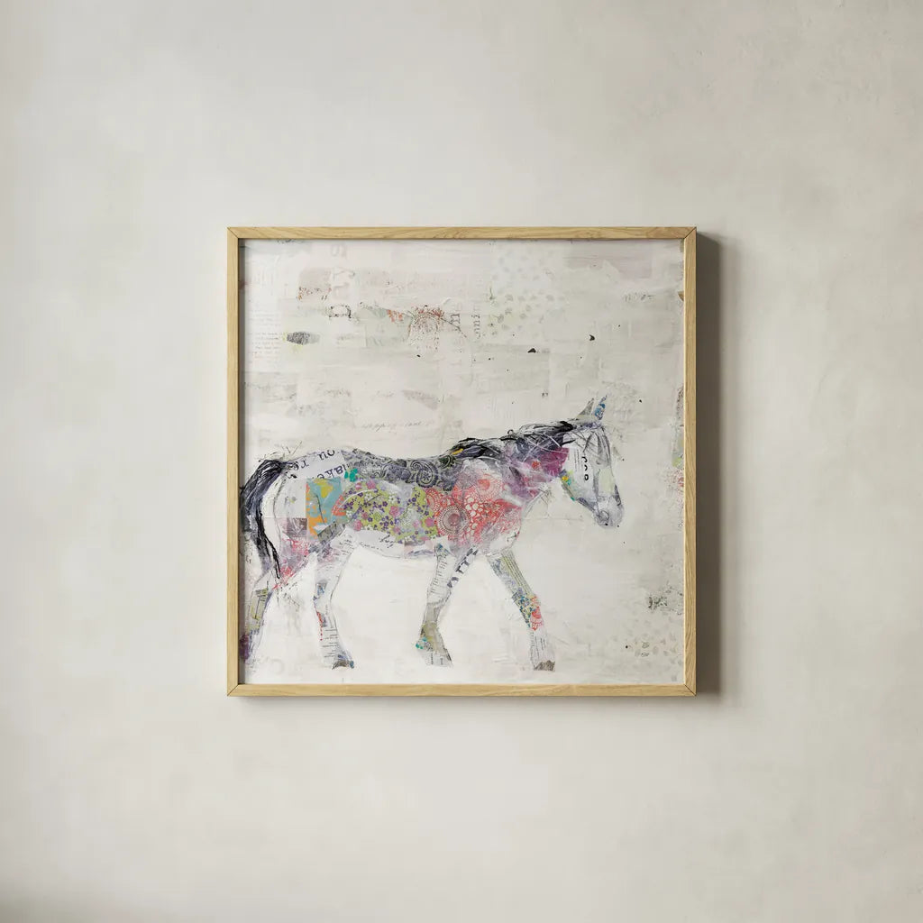 Wild Pinto Warm Grey by Kellie Day. Shown in a natural wood glass frame for a timeless modern aesthetic. Available as an archival giclee rolled canvas, fine art paper, or poster print. SKU 36049a.