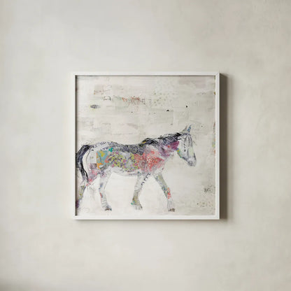 Wild Pinto Warm Grey by Kellie Day. Shown in a crisp white glass frame for a clean and minimalist style. Available as an archival giclee rolled canvas, fine art paper, or poster print. SKU 36049a.