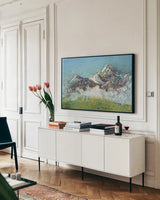 Wilson Fog Green by Kellie Day. shown as a framed stretched canvas in a living room above a console. Available as a archival giclee rolled canvas, fine art paper, or poster print. SKU 29351i.