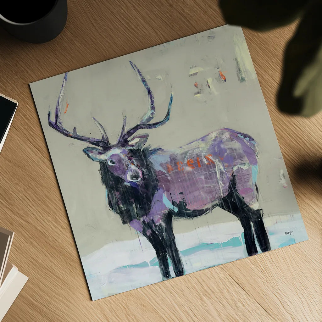 Winter Elk by Kellie Day. Shown as a detailed flat fine art print, highlighting archival giclee quality. Available as an archival giclee rolled canvas, fine art paper, or poster print. SKU 63416a.