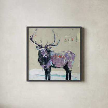 Winter Elk by Kellie Day. Shown in a sleek black glass frame for a contemporary gallery look. Available as an archival giclee rolled canvas, fine art paper, or poster print. SKU 63416a.