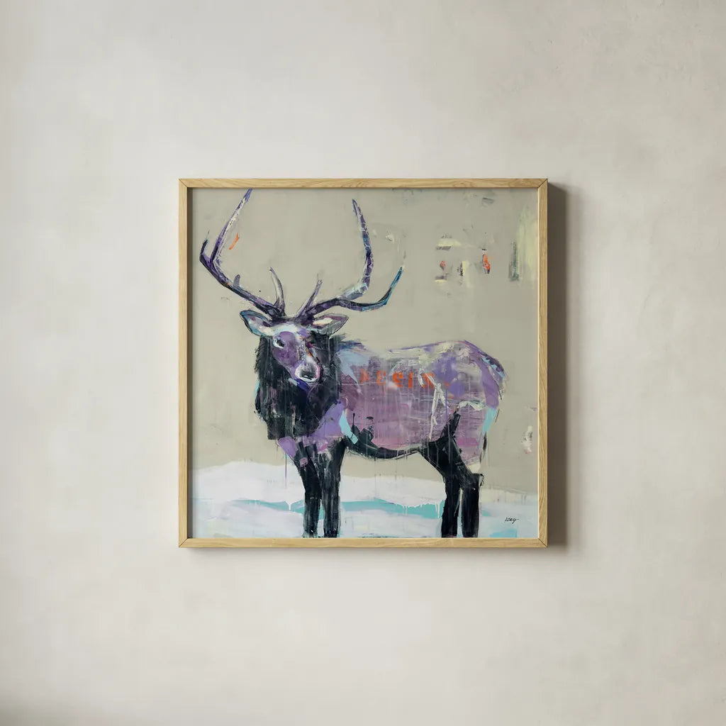 Winter Elk by Kellie Day. Shown in a natural wood glass frame for a timeless modern aesthetic. Available as an archival giclee rolled canvas, fine art paper, or poster print. SKU 63416a.