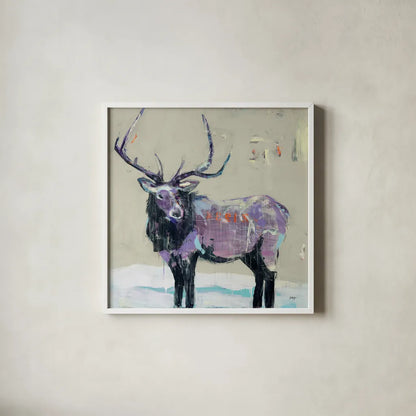 Winter Elk by Kellie Day. Shown in a crisp white glass frame for a clean and minimalist style. Available as an archival giclee rolled canvas, fine art paper, or poster print. SKU 63416a.
