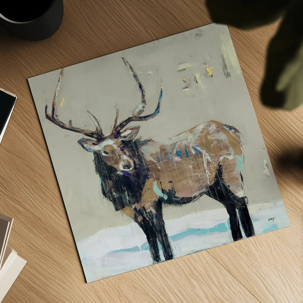 Winter Elk Neutral by Kellie Day. Shown as a detailed flat fine art print, highlighting archival giclee quality. Available as an archival giclee rolled canvas, fine art paper, or poster print. SKU 63417a.
