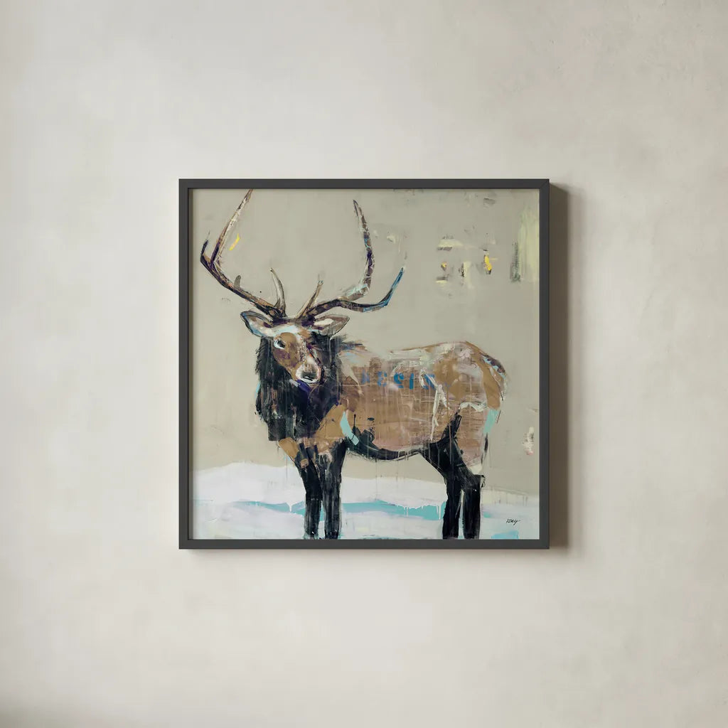 Winter Elk Neutral by Kellie Day. Shown in a sleek black glass frame for a contemporary gallery look. Available as an archival giclee rolled canvas, fine art paper, or poster print. SKU 63417a.